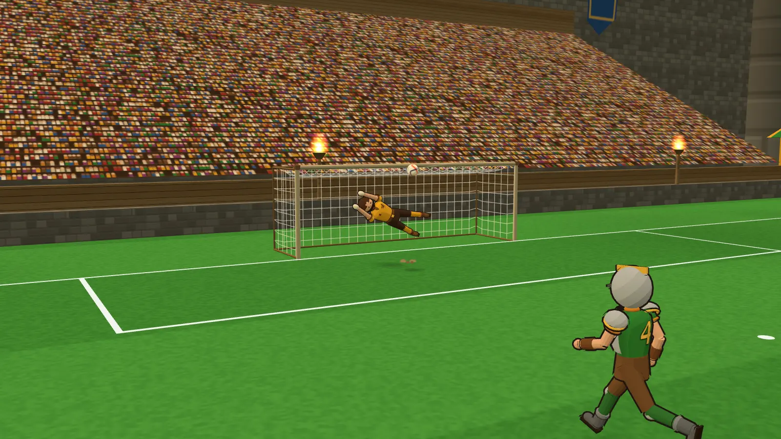 Goleiro se esticando para defender um chute