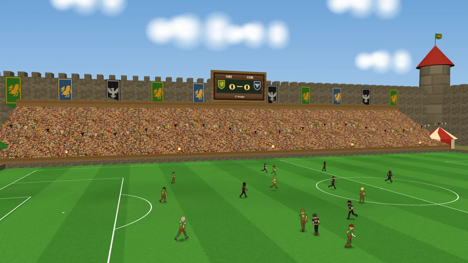Estádio-castelo visto de cima, com o campo, as arquibancadas de madeira e as muralhas