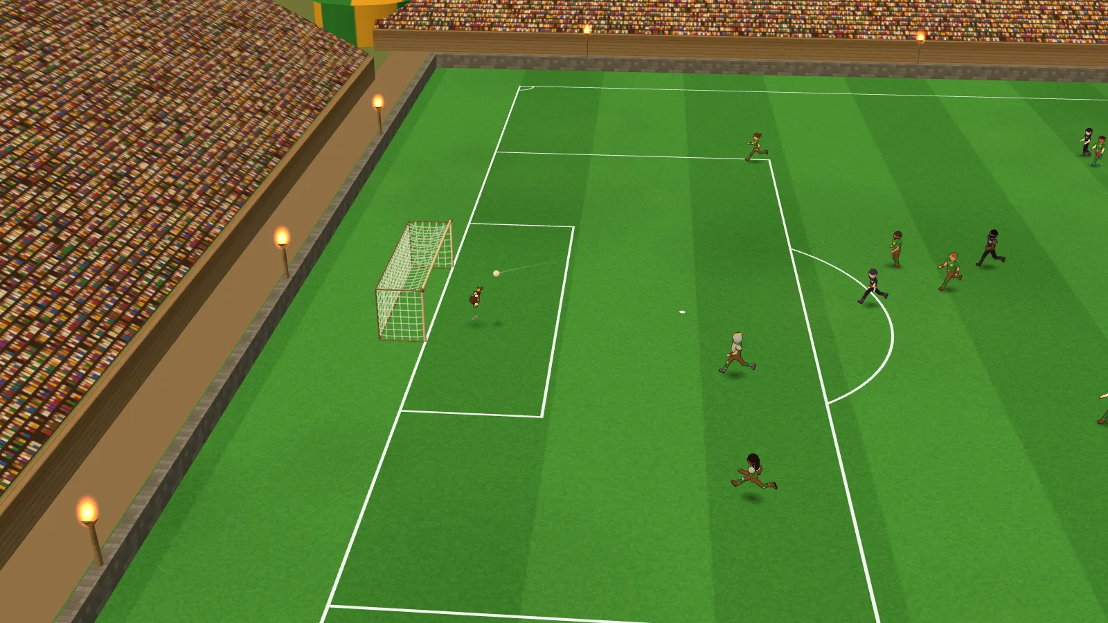 Partida na câmera de transmissão, com placar e os dois times em campo